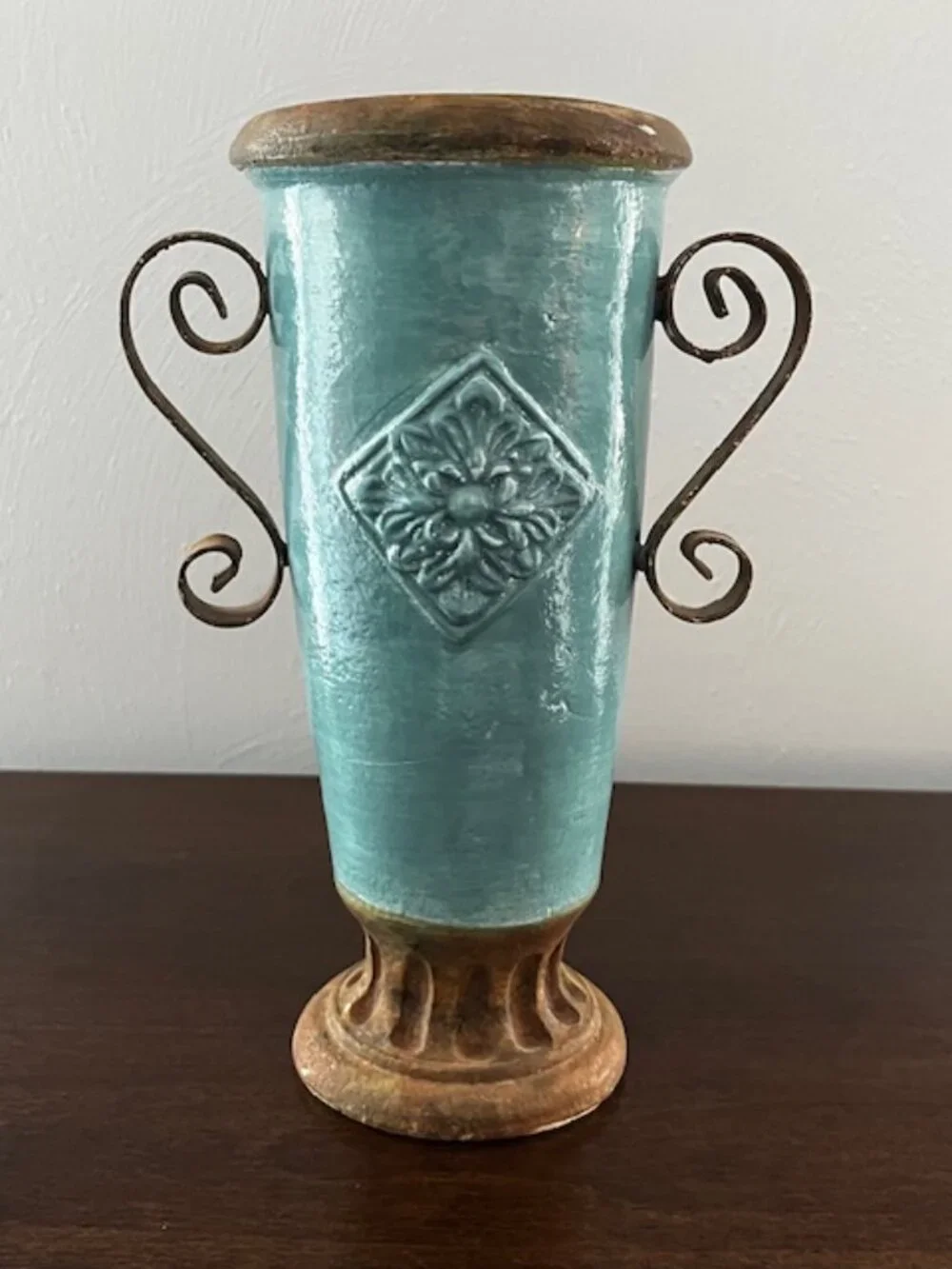 Glazed Ceramic Planter Vase Distressed Rustic Tuscan Scroll Metal Handles Aqua